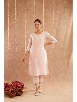 Zuri - Pink Embroidered Chanderi Kurta With Lace Pants- Set of 2