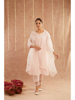 Zuri - Pink Embroidered Chanderi Kurta with Lace Pant and Embroidered Dupatta- Set of 3