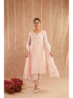 Zuri - Pink Embroidered Chanderi Kurta with Lace Pant and Embroidered Dupatta- Set of 3