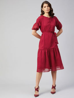 RARE - Women Casual Maroon Colour Midi Self Design Dress