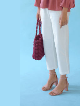MONK & MEI - White Cotton Solid Mid Waist Pant