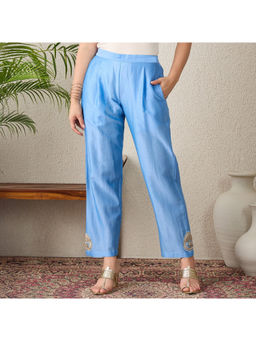 First Resort by Ramola Bachchan - Sky Blue Side Embroidery Straight Pant