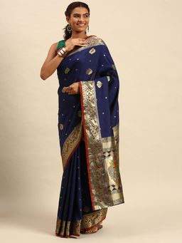 Sangam Prints - Navy Blue Silk Woven Work Traditional Saree with Unstitched Blouse