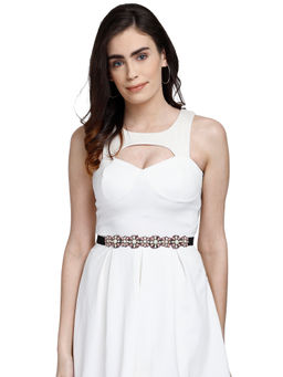 Anekaant - Off White, Peach and Multi Bead Work Floral Polyester and Velvet Handmade Belt