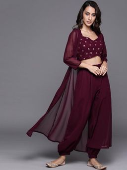 Libas - Maroon Embroidered Sweetheart Top Salwar With Jacket