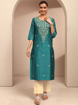 Libas - Teal Thread Work Round Neck Kurta
