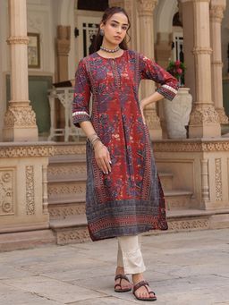 Rain & Rainbow - Maroon Printed Round Neck Kurta