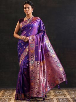 Libas - Purple Embroidered Thread Work Saree With Unsttiched Blouse with Unstitched