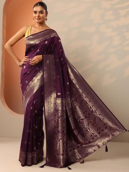 Libas - Burgundy Zari Woven Saree With Unsttiched Blouse with Unstitched