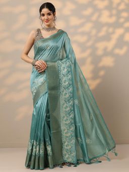 Libas - Blue Embroidered Thread Work Saree With Unsttiched Blouse with Unstitched