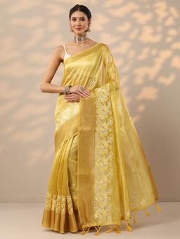 Libas - Yellow Embroidered Thread Work Saree With Unsttiched Blouse with Unstitched