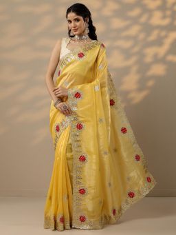 Libas - Yellow Embellished/Sequined Saree With Unsttiched Blouse with Unstitched