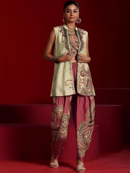 Libas Art - Brown Embroidered Sequined Round Neck Top Dhoti With Jacket
