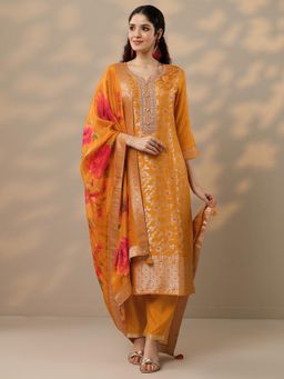 Libas - Orange Embroidered Sequined Round Neck Kurta Pant With Dupatta