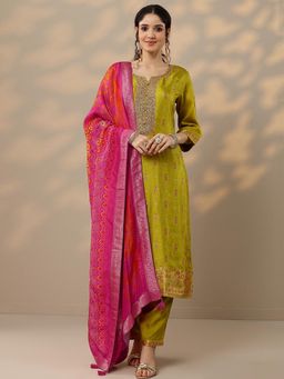 Libas - Green Embroidered Sequined Round Neck Kurta Pant With Dupatta