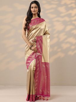 Libas - Pink Zari Woven Saree With Unsttiched Blouse with Unstitched