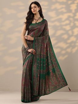 Libas - Green Printed Printed Saree With Unsttiched Blouse with Unstitched
