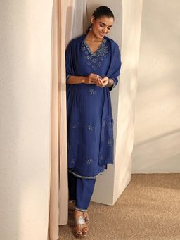 Libas Art - Blue Embroidered Sequined V-Neck Kurta Pant With Dupatta