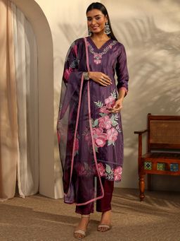 Libas - Purple Thread Work V-Neck Kurta Pant With Dupatta