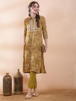 Globus - Mustard Thread Work Collar Neck Kurta With Pant