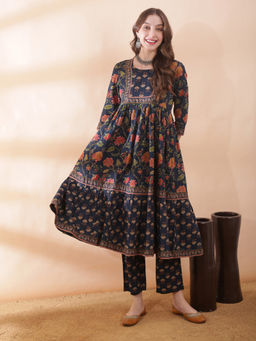 Globus - Navy Blue Printed Round Neck Kurta With Pant
