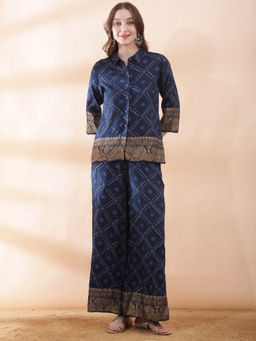 Globus - Teal Embroidered Collar Neck Shirt With Palazzo