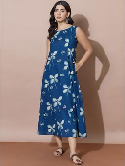 Varanga - Blue Printed Round Neck Dress
