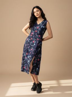 Varanga - Navy Blue Printed V-Neck Dress