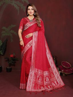 Anaita - Red Zari Woven Saree With Unsttiched Blouse