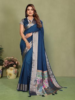 Anaita - Navy Blue Zari Woven Saree With Unsttiched Blouse
