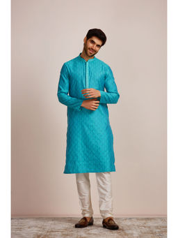 Manyavar - Sea Green Blended Viscose Self Design Kurta Pencil Pyjama Set (Set of 2)