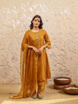 Naaz By Noor - Mustard Embroidered Kurta With Pant And Dupatta (Set of 3)