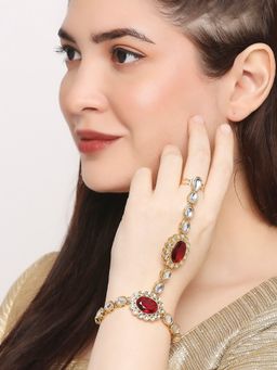 OOMPH - Red Stones and Kundan Ethnic Statement Bracelet with Ring