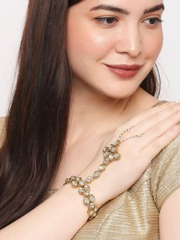 OOMPH - Gold Tone Kundan & Pearls Floral Ethnic Statement Bracelet With Ring