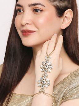 OOMPH - Gold Tone Kundan and Pearls Floral Ethnic Statement Bracelet with Ring