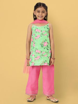 Nautinati Girls Pink Green Printed Sweatshirt With Trousers