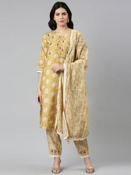 NEERU'S - Mustard Regular Straight Printed Kurta With Pant And Dupatta (Set of 3)