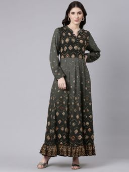 NEERU'S - Olive Straight Casual Printed Maxi Dresses