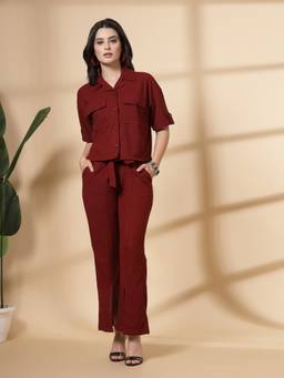 CHKOKKO - Maroon Women's Casual Summer Co-Ord (Set of 3)