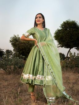 POMCHA - Taffeta Silk Light Green Anarkali (Set of 3)