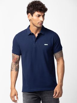 Spykar - Navy Blue Polo Collar Half Sleeves Cotton Blend T-Shirt For Men