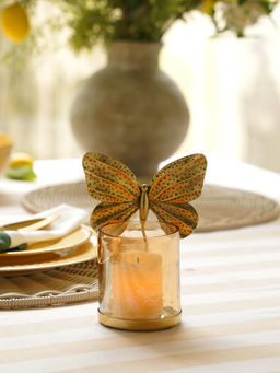 Pure Home + Living - Gold & Glass Butterfly Ribbed Votive Holder