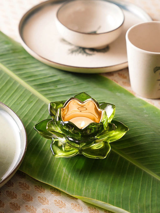 Pure Home + Living Green Glass Lotus Shaped Tealight Holders (Pack of 2)