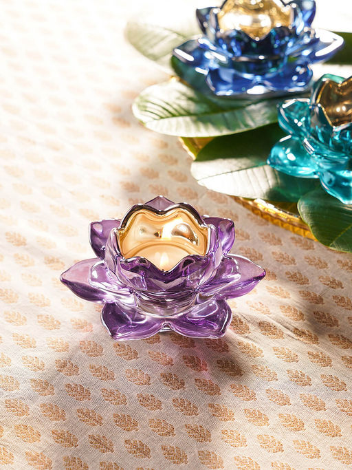 Pure Home + Living Purple Glass Lotus Shaped Tealight Holders (Pack of 2)