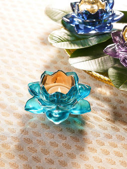 Pure Home + Living - Blue Glass Lotus Shaped Tealight Holders (Pack of 2)