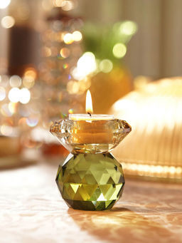 Pure Home + Living - Amber & Green Cut Glass Crystal Candle Holder