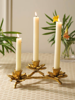 Pure Home + Living - Gold 3 Arm Flowe Tapered Candle Holder