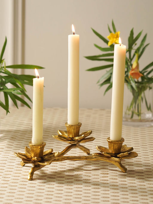 Pure Home + Living Gold 3 Arm Flowe Tapered Candle Holder
