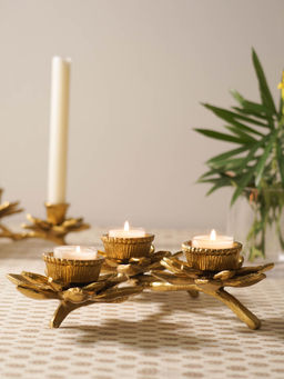 Pure Home + Living - Gold 3 Arm Flower Candle Holder
