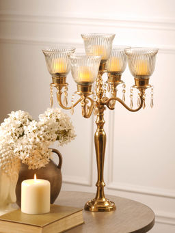 Pure Home + Living - Gold 5 Arm Candelabra with Hanging Crystals